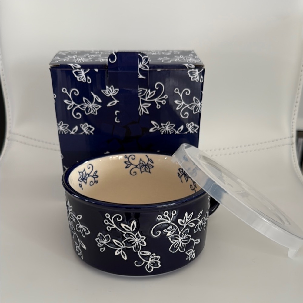Floral Navy and Cream Ceramic Bowl with Lid